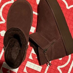 BearPaw Chocolate Brown Suede Ankle Booties with Side Zip